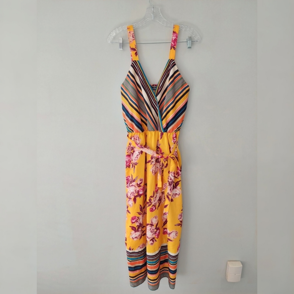 Song of Style midi dress Large Yellow floral stripes v-neck adjustable straps